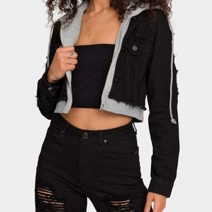 Distressed layered hoodie denim jacket